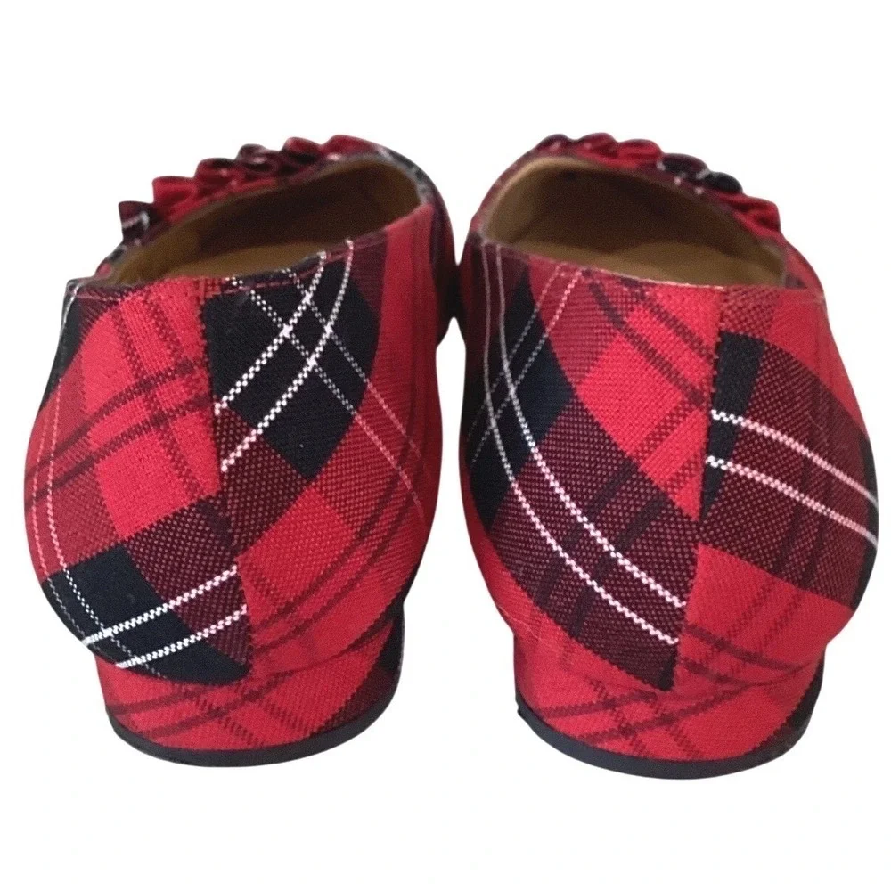 Talbots Edison Pleated Holiday Plaid‎ Pointed Toe Bow Flats Slip On Block - 8.5